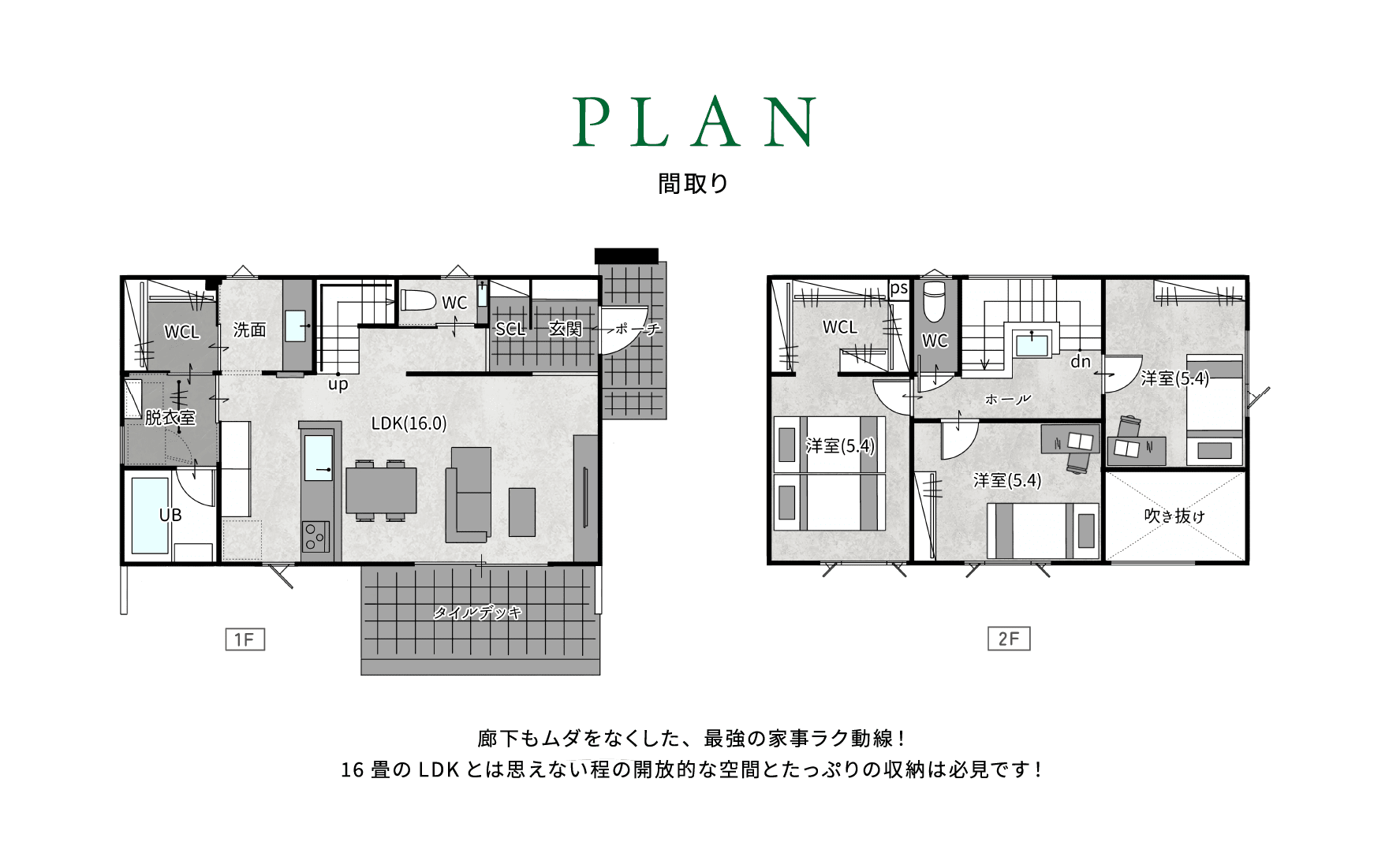 PLAN 間取り：廊下もムダをなくした、最強の家事ラク動線！
16畳のLDKとは思えない程の開放的な空間とたっぷりの収納は必見です！